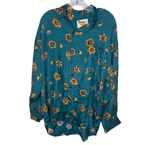 Vintage Protest Silk Floral Print Button Down Shirt Teal Gold Women's Size Large